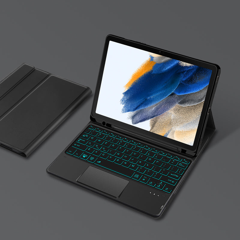 Pro Samsung Galaxy Tab A8 10.5 (2021) podsvícená designová Bluetooth klávesnice + odnímatelné PU kožené pouzdro se slotem pro pero a touchpadem Pro Samsung Galaxy Tab A8 10.5 (2021) podsvícená designová Bluetooth klávesnice + odnímatelné PU kožené pouzdro se slotem pro pero a touchpadem